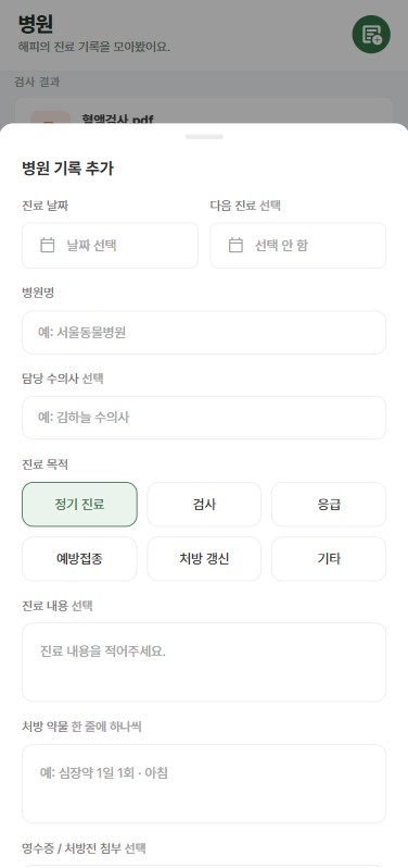 병원 기록 추가 화면